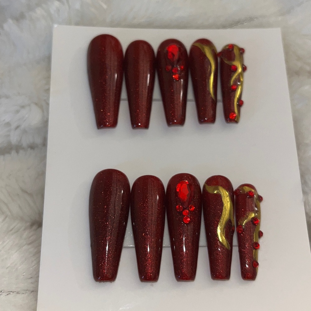 Red and Gold Glitter Press-On Nails